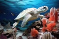 sea turtle navigating through bleached sections of the great barrier reef Royalty Free Stock Photo