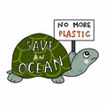 Sea turtle protest no more plastic, safe an ocean cartoon vector illustration