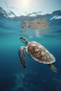 Sea turtle peacefully swimming through the tranquil blue ocean beneath glowing sun, ai-generated