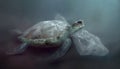 a sea turtle with a plastic bag on its back swimming in the water with it\'s head above the waterline, and a plastic bag