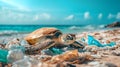 Sea turtle on polluted beach with plastic waste and clear blue ocean Royalty Free Stock Photo