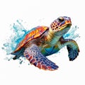 A sea turtle in a pose swimming on a white background. Sea turtle. Realistic, artistic