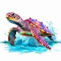 A sea turtle in a pose swimming on a white background. Sea turtle. Realistic, artistic