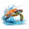 A sea turtle in a pose swimming on a white background. Sea turtle. Realistic, artistic Royalty Free Stock Photo