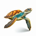A sea turtle in a pose swimming on a white background. Sea turtle. Realistic, artistic Royalty Free Stock Photo