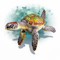 A sea turtle in a pose swimming on a white background. Sea turtle. Realistic, artistic Royalty Free Stock Photo