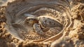 Sea turtle resting in a sand pit with patterned trails on a sunny beach Royalty Free Stock Photo