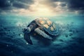 The sea turtle sleeps dreaming on the clouds in front. Generative AI