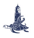 Sea turtle, starfish and lighthouse tower blue and white vector outline