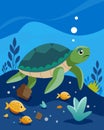 A sea turtle struggles to make its way to the ocean navigating through litter and debris that threaten its survival