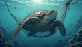 Sea Turtle Swimming Caught in Fishing Net Underwater Environment