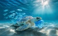 Sea turtle struggling with plastic pollution underwater near sandy seabed with sun rays, AI-generated Royalty Free Stock Photo