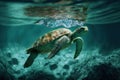 A sea turtle sways in the clear water. Turtles swim in the ocean