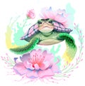 Sea turtle swim and exotic tropical flower. Tropical underwater paradise vector drawing