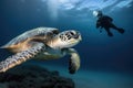 sea turtle swimming above scuba diver& x27;s head Royalty Free Stock Photo