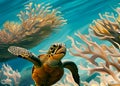 A sea turtle swimming among coral reef Royalty Free Stock Photo