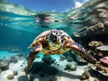 A sea turtle swimming in crystal-clear waters of a coral reef at noon