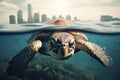 Sea turtle swimming in the ocean, big city above, environment pollution, danger to maritime animal, protect the habitat