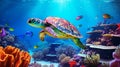 Sea turtle swimming in the ocean among colorful coral reef. Underwater world. Hawaiian Green sea turtle swimming in coral reef. Royalty Free Stock Photo