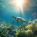 Sea turtle swimming in the ocean with coral reef underwater. Background illustration for world oceans day concept. Life in Royalty Free Stock Photo