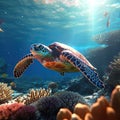 Sea turtle swimming in the ocean with coral reef underwater. Background illustration for world oceans day concept. Life in Royalty Free Stock Photo