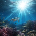 Sea turtle swimming in the ocean with coral reef underwater. Background illustration for world oceans day concept. Life in Royalty Free Stock Photo