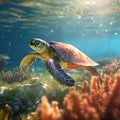 Sea turtle swimming in the ocean with coral reef underwater. Background illustration for world oceans day concept. Life in Royalty Free Stock Photo