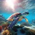 Sea turtle swimming in the ocean with coral reef underwater. Background illustration for world oceans day concept. Life in Royalty Free Stock Photo