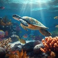 Sea turtle swimming in the ocean with coral reef underwater. Background illustration for world oceans day concept. Life in Royalty Free Stock Photo