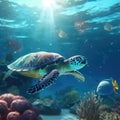 Sea turtle swimming in the ocean with coral reef underwater. Background illustration for world oceans day concept. Life in Royalty Free Stock Photo