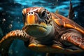 Sea turtle swimming in the ocean, environment pollution, danger to maritime animal, protect the habitat