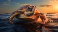 A sea turtle swimming through the ocean with its shell floating above it. Royalty Free Stock Photo