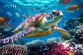 A sea turtle swimming in the ocean surrounded by colorful coral reef and tropical fish, close up shot, summertime, environment, Royalty Free Stock Photo