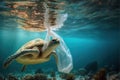 Sea turtle swimming with plastic bag. Underwater animals harm made by garbage in water. Tortoise stuck in plastic bag, ecological Royalty Free Stock Photo