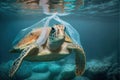 Sea turtle swimming with plastic bag. Underwater animals harm made by garbage in water. Tortoise stuck in plastic bag, ecological Royalty Free Stock Photo