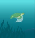 Sea turtle swimming with plastic bag vector illustration Royalty Free Stock Photo