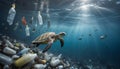 Sea Turtle Swimming in Plastic Waste Ã¢â¬' Ocean Pollution CrisisAI Generated Royalty Free Stock Photo