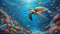 Sea Turtle Swimming in Plastic Waste Ã¢â¬' Ocean Pollution CrisisAI Generated Royalty Free Stock Photo