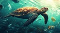 Sea turtle swimming through polluted ocean filled with plastic Royalty Free Stock Photo