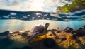 sea turtle swimming in the sea, Little sea Tortoise swim in the ocean floor Royalty Free Stock Photo