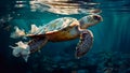 A sea turtle swimming tangled in a plastic bag. Pollution oceans. Generative AI