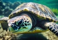 a sea turtle swimming in a tank at a park on a sunny day