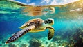 Sea Turtle Swimming Under the Ocean Surface - Generative Ai Royalty Free Stock Photo
