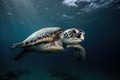 sea turtle swimming underwater, its sleek and powerful body gliding through the water