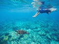 Sea turtle with swimming woman in mask and snorkeling gear. Royalty Free Stock Photo