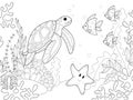 Sea turtle swims among algae and other fish. Coloring book, raster children illustration.