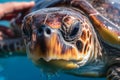 sea turtle swims in clear blue water close-up generative ai Royalty Free Stock Photo