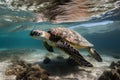 sea turtle swims through crystal-clear water, its shell shining in the sunlight Royalty Free Stock Photo