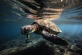 sea turtle swims through crystal-clear water, its shell shining in the sunlight Royalty Free Stock Photo