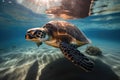 sea turtle swims through crystal-clear water, its shell shining in the sunlight Royalty Free Stock Photo